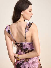 Hourtrue Floral Print Ruffle Trim Mesh Cami Pajama Nightdress Long Dress Perfect For Summerfor Summer - Black - View 3