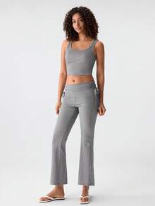 Loungeista 2pcs Set Spring Summer Autumn Casual Pajamas, Solid Color Drawstring Flared Pants Loungewear Set, Slimming Commuter Sleepwearfor Summer - Grey - View 6