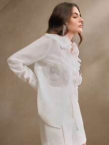 Anewsta Women's Stand Collar Long Sleeve Blouse With 3D Crystal Embroidery, Transparent & Fashionable Modest Design, For Spring - White - View 6