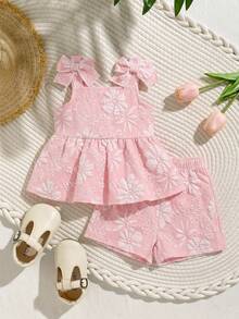 SHEIN Playful Pals 2件套女婴幼儿/新生儿0-3岁休闲日常可爱度假提花纹理蝴蝶结图案吊带背心+短裤套装，春夏款 - 粉色 - 查看 5