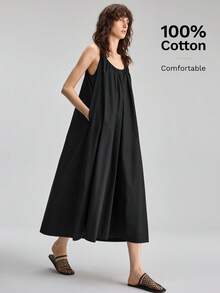 Ontre Đầm midi không tay, màu trơn, xếp ly, có túi, dành cho nữ, kiểu dáng thường ngày. - màu đen - Xem 1