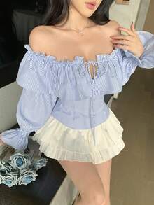 DAZY 女款法式荷葉邊露肩上衣，甜美優雅藍白條紋喇叭袖休閒上衣，適合度假，可愛風 - 藍色 - 查看 3