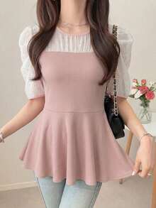 FRIFUL Women's Contrast Color Patchwork Sheer Lace Slim Fit Casual T-Shirt, Suitable For Spring And Summer - Pink - View 5