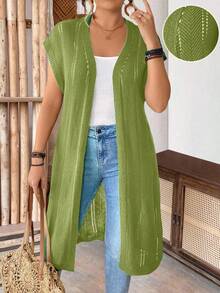 SHEIN LUNE CURVE Plus Size Women's Sleeveless Hollow Out Long Cardigan, Lightweight, Suitable For Vacation, Commute, St. Patrick's Day, Spring/Summer - Olive Green - View 1