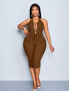 SOLERSUN Women's Plus-Size Chocolate Brown 2 Pcs Halter Top And Six-Inch Pants,Summer Night Out Club Vacation Holiday Beach Knitted Scoop-Neck Clothing - Brown - View 3