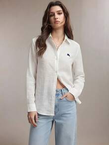 BizChic Áo sơ mi nữ mùa xuân/hè mới, cổ bẻ, cài cúc phía trước, thêu hình ngựa phối màu tương phản, kiểu dáng cổ điển, năng động, đa năng. - trắng - Xem 3