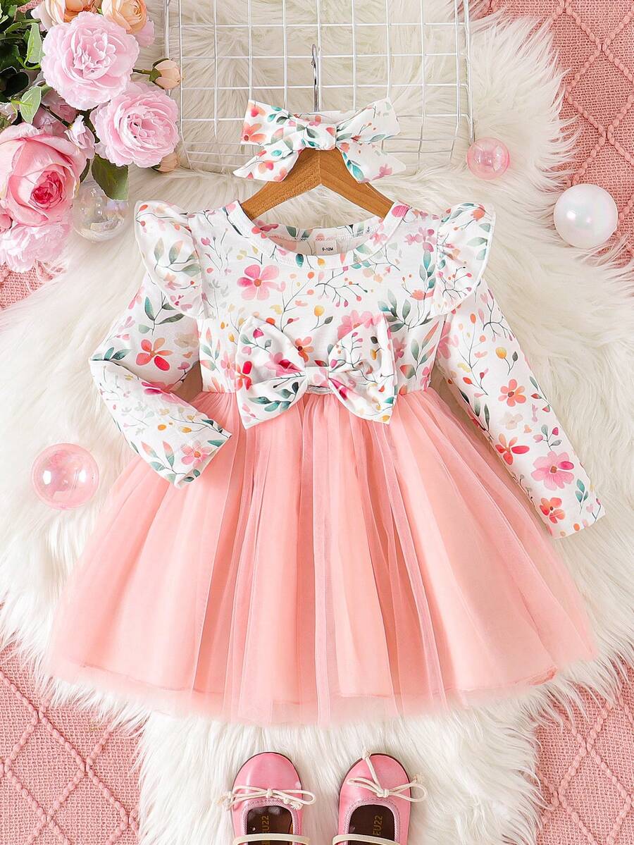 SHEIN Baby Girl Solid Color Patchwork Front Tie Long Sleeve Simple Dress - Pink - View 1