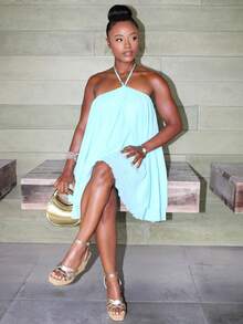 Steph T Women's Chiffon Layered Ruffle Sleeveless Mini Dress Party Elegant - Blue - View 3
