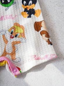 LOONEY TUNES X SHEIN Bộ áo liền quần không tay in hình động vật hoạt hình cho bé gái. - Màu Hồng baby - Xem 5