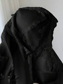 Comfortcana 女士优雅黑色蕾丝拼接蝴蝶结装饰吊带背心，夏季服装，缎面蕾丝拼接，内置衬垫胸罩 - 黑色 - 查看 9