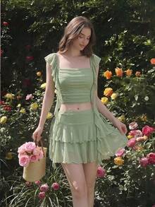 SHEIN MOD Bộ đồ 2 món mùa hè đơn giản cho nữ: áo croptop và chân váy mini xếp ly viền ren, màu trơn. - màu xanh lá - Xem 3