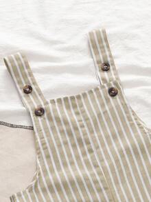 SHEIN Genkimix Kids Quần yếm kẻ sọc phong cách retro tối giản thoải mái đa năng cho bé trai, thích hợp cho mùa hè. - Màu Khaki - Xem 4