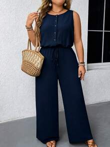 SHEIN Tall CURVE Plus Size Women Backless Patchwork Embroidered Collar Cinched Waist Long Wide Leg Jumpsuit - Navy Blue - View 1