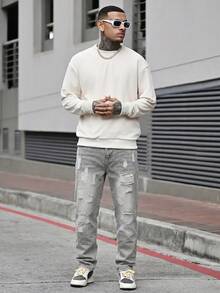 Devon Thys Men's Outdoor Casual Straight Leg Distressed Blue Jeans, Autumn/Winter - Grey - View 1