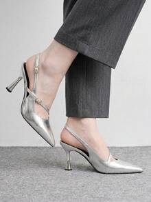 CUCCOO BIZCHIC Women Shoes Silver Metallic Back Strap Shoes, Rhinestone Buckle Decoration, Shining Dinner Party Dating Temperament Pointed Shoes - Silver - View 3