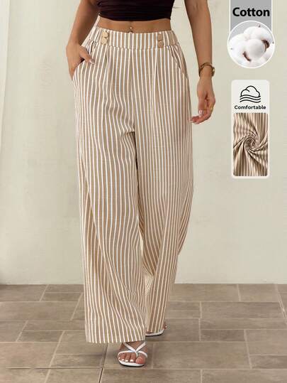 SHEIN PETITE Women's Spring/Summer Fashion: Apricot-Colored Straight-Leg Trousers With Double Buttons And Striped Pattern-Perfect For Vacations, Leisure, Commuting, Romantic Getaways, Cruise Travel, Street Style, Wedding Guest Attire, Bohemian Style, Everyday Wear, Minimalist, Versatile, And Travel-Women's Trousers