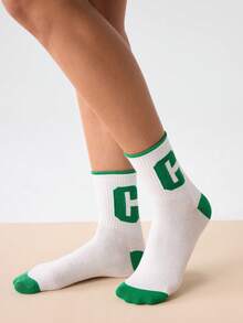 Loungeista Letter Graphic Crew Socks - Green - View 5