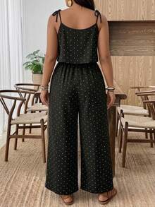 SHEIN Frenchy Bộ áo liền quần cỡ lớn bằng vải dệt chấm bi đen trắng: Kiểu dáng thoải mái, không tay, dây mảnh, dài, chi tiết thắt nút, thích hợp cho mùa hè, kỳ nghỉ, mặc hàng ngày. - Đen và trắng - Xem 2