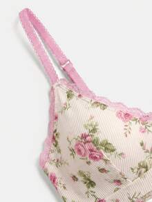 lacRébo Cream Ribbed Knit Lingerie Set With Floral Motif And Pink Contrast Detailing Cute Lingerie Set Triangle Bra And Panty Set - Apricot - View 9