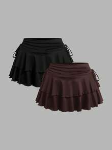 SHEIN EZwear 两件套加大码灰色、黑色、巧克力棕色休闲半身裙套装，春夏款 - 巧克力棕 - 查看 9