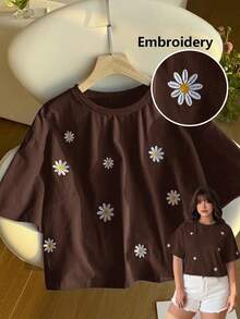 GalTyme Plus Size Chocolate Brown Floral Embroidery Round Neck Short Sleeve T-Shirt - Chocolate Brown - View 3