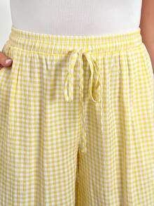 Shapeblank Pantalones/Culotes/Faldas de talle elástico con estampado de cuadros amarillo claro, de corte holgado y cómodo, para uso diario y versátil, para mujeres de talla grande, para primavera/verano. Pantalones cortos de verano, pantalones holgados, conjuntos para salir, estilo sencillo, ropa de vacaciones - Amarillo claro - Ver 5