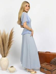 PRISCILA ESCOTO PRISCILA ESCOTO Váy suông thường ngày bằng vải dệt kết cấu mới cho nữ cổ tròn bằng vải chiffon chắp vá tay bèo nhún, thắt eo, váy dạ hội thanh lịch tôn dáng - Màu xanh lam - Xem 4