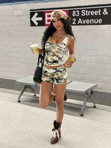 StreetHx 女士时尚迷彩印花背心和短裤两件套 - 彩色 - 查看 4