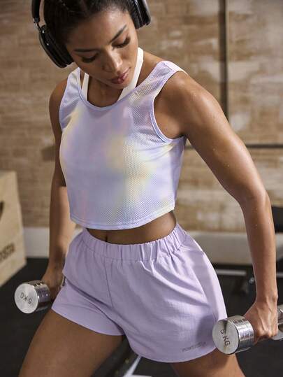 Powerista Women's Tie-Dye Breathable Tank Top And Solid Color Elastic Waist Shorts Sports Set, Summer