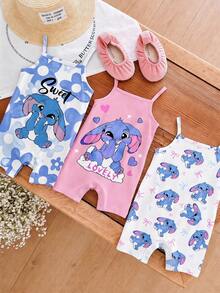 White,Summer,Cute,Family Matching Baby Girl Casual Strap Romper,Kawaii Cartoon Blue Rabbit Lulu & Stitch Pattern,Ballerina Style Blue Gradient Floral - Multicolor - View 6