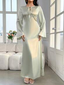 Veilorie Đầm dài tay ôm dáng thanh lịch, cổ buộc dây, màu trơn dành cho nữ. - màu xanh lá - Xem 3