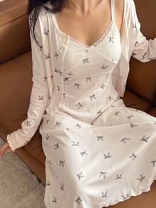 DAZY 两件套女士睡衣套装：蝴蝶结印花宽松开衫长袖外套和蕾丝边长睡裙，夏季 - 白色 - 查看 3
