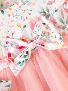 SHEIN Baby Girl Solid Color Patchwork Front Tie Long Sleeve Simple Dress - Pink - View 3