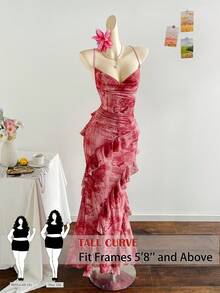 SHEIN Tall CURVE CURVE Plus Size Women's Pink Floral Dress Summer Elegant Wedding Cocktail Guest Vacation Tea Party Long Ruffle Trim Backless High-Waisted Outfits - Pink - View 2