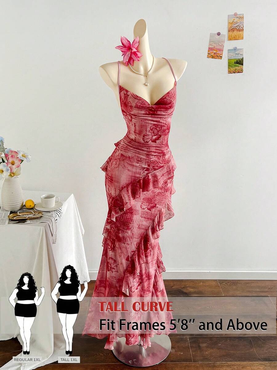 SHEIN Tall CURVE CURVE Plus Size Women's Pink Floral Dress Summer Elegant Wedding Cocktail Guest Vacation Tea Party Long Ruffle Trim Backless High-Waisted Outfits
