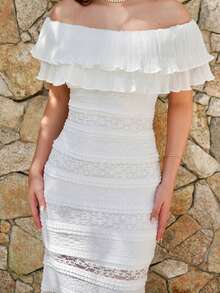 Duda Rubert Women's Knitted Solid Color Lace Off Shoulder Form-Fitting Fish Tail Dress ,For Autumn And Winter White - White - View 5