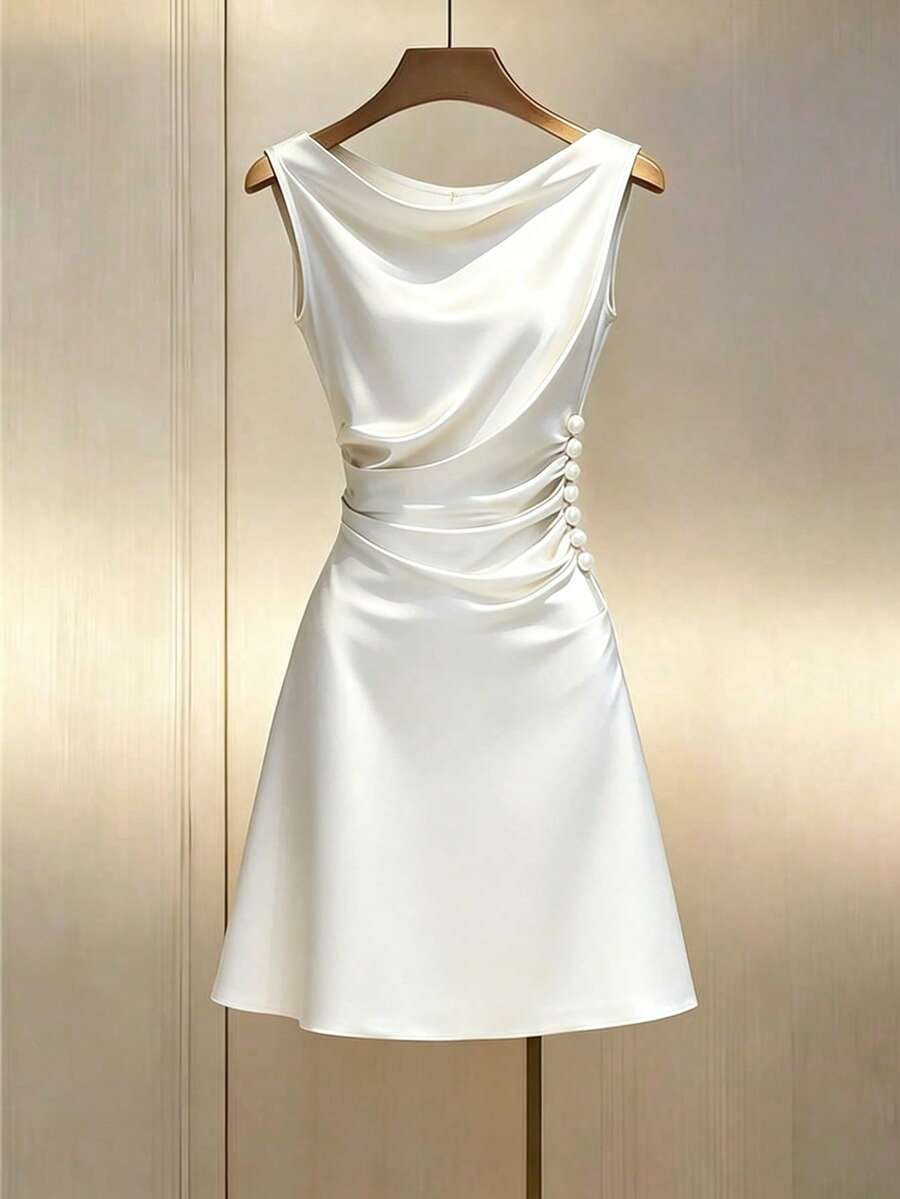 Franclia Satin Draped Neck Wrap Dress, Waist Cinching Design For Slimming Look - White - View 1