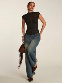 SHEIN BAE Áo croptop lưới xuyên thấu gợi cảm dành cho nữ, thanh lịch cho câu lạc bộ, hẹn hò, tiệc sinh nhật, mùa xuân/hè. - màu đen - Xem 4