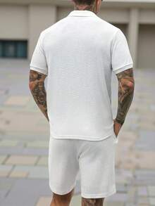 Manfinity Homme 男士纯色短袖 Polo 衫和短裤休闲套装 - 白色 - 查看 2