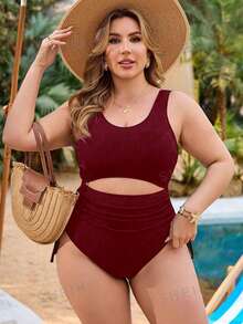 SHEIN Navy Blue Plus Size One-Piece Swimsuit With Cover-Up Set For Leisure & Vacation - Red Violet - View 3