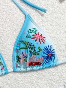 Swim Mod Bộ bikini tam giác nữ mùa hè mẫu mới thêu họa tiết hoa ombre đính hạt, dây đeo cổ, đồ bơi đi biển nghỉ dưỡng - Màu xanh lam - Xem 1