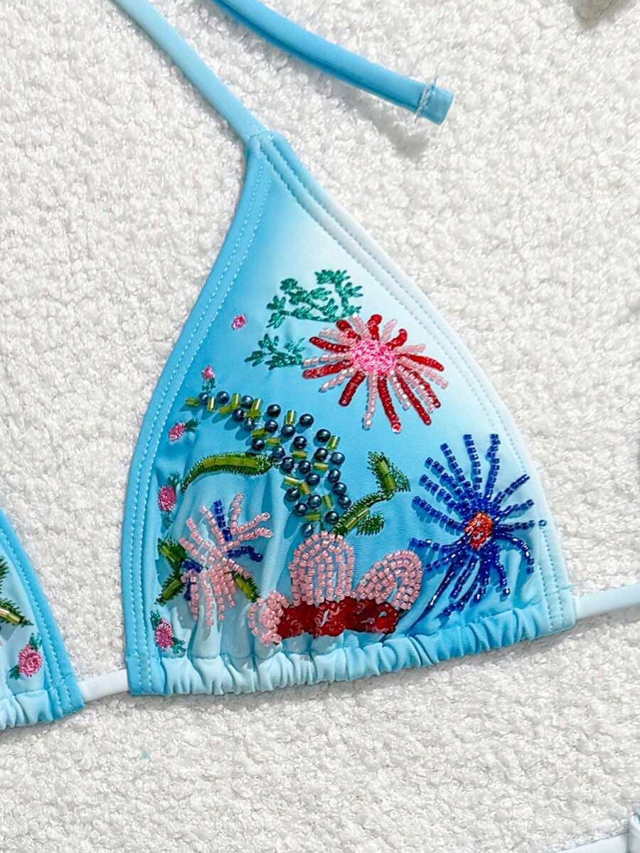 Swim Mod Bộ bikini tam giác nữ mùa hè mẫu mới thêu họa tiết hoa ombre đính hạt, dây đeo cổ, đồ bơi đi biển nghỉ dưỡng - Màu xanh lam - Xem 1