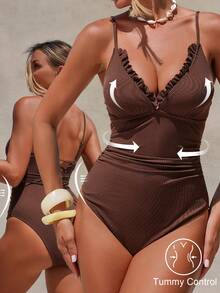 Shapewave 1pc Brown V-Neck Tummy Control Swimsuit With Lace Trim, Elegant & Graceful, Spring/Summer - Brown - View 1