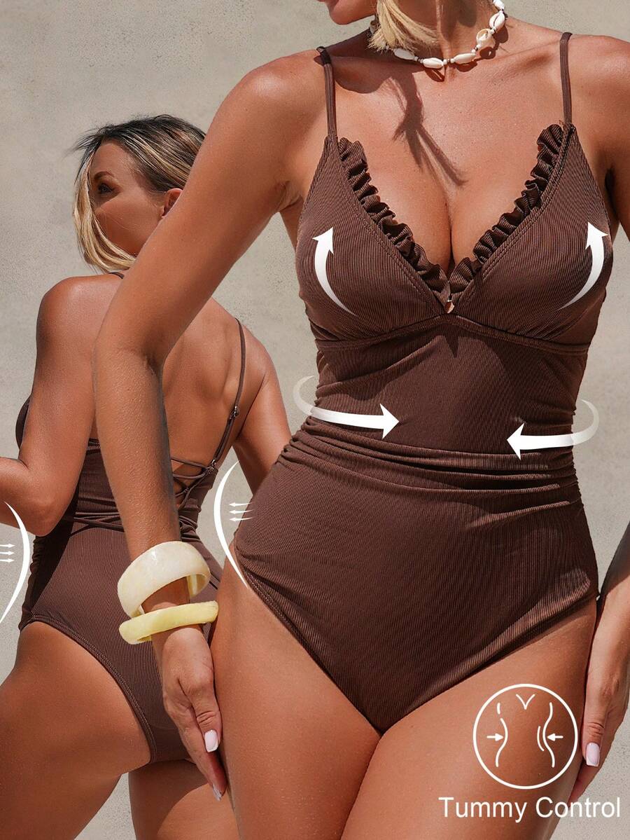Shapewave 1pc Brown V-Neck Tummy Control Swimsuit With Lace Trim, Elegant & Graceful, Spring/Summer - Brown - View 1