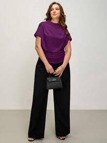 Comfylo 3D Pleated Solid Color Plus Size Short Sleeve Top - Purple - View 6