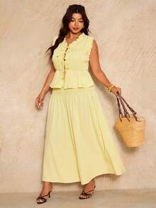 Elaquor Plus Size Women 2-Piece Set: Solid Color Ruched Front Tie Sleeveless Blouse And Mini Skirt Casual Boho Light Yellow Two Pieces Set Elegant Vacation - Light Yellow - View 1