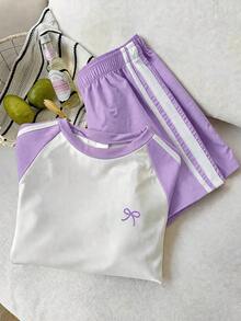 Elladie kids Bộ trang phục thường ngày cho bé gái: Áo thun tay ngắn raglan in hình nơ và quần short. - Màu tím - Xem 5