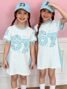 SHEIN 春夏少女休闲时尚创意个性清新简约蓝星数字67竖条纹拼接字母标语印花休闲基础款短袖T恤裙，舒适百搭；适合春夏秋三季少女穿着，提升整体氛围的服装套装 - 彩色 - 查看 3