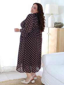 Pretty and Ole Plus Size Women Polka Dot Print Round Neck Lantern Sleeve Casual Dress For Spring, Spring Outfits Dress For Women Elegant Vacation - Coffee Brown - View 3