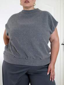 Pretty and Ole Women Plus Light Grey Elegant High Neck Loose Casual Versatile Sleeveless Knit Sweater Vest In Fall/Winter Spring Summer Going Out Stylish - Dark Grey - View 3